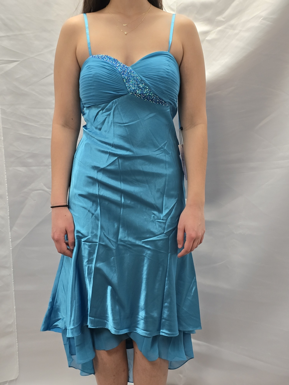 Turquoise Spaghetti-Strap Evening Dress with Beaded Bodice